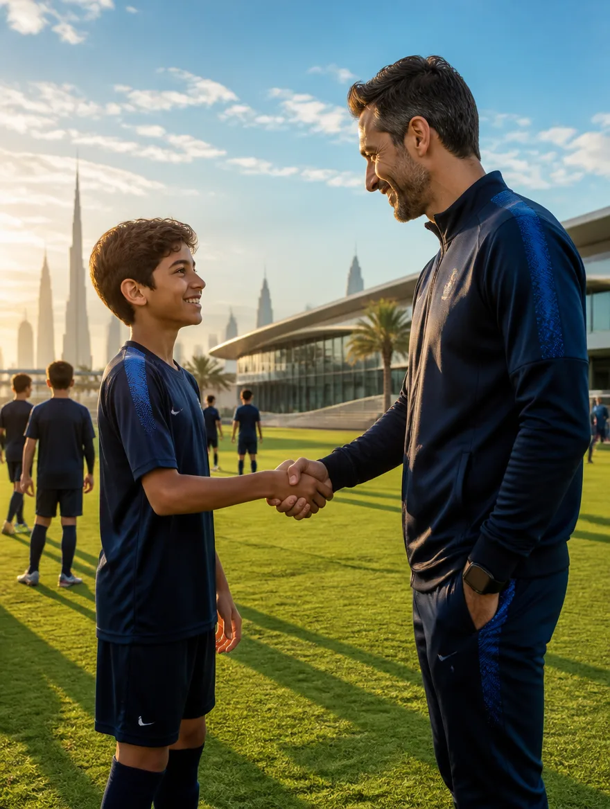 A proud young athlete shaking hands with a professional football club coach on a training pitch