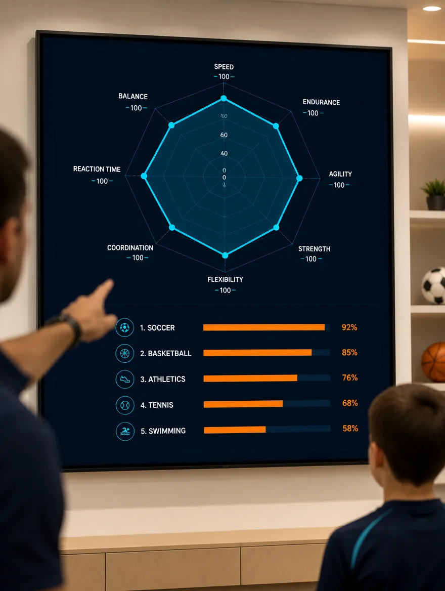 Data visualization showing athletic assessment metrics and sport-matching analysis on a modern screen